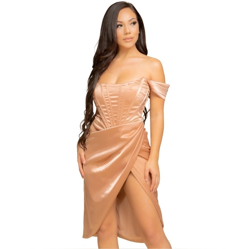 Satin Ruched Off Shoulder Corset Midi Champagne Pink Dress Medium